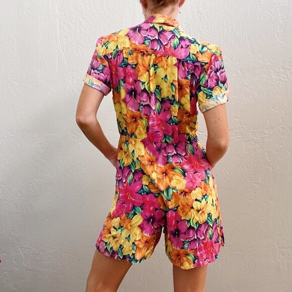 Vintage 1990's Colorful Hawaiian Flower Printed Front Button Up Romper - Picture 5 of 6